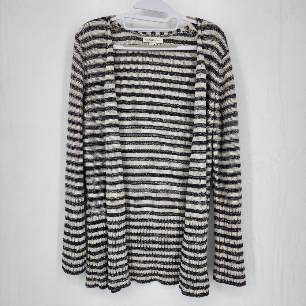 Coldwater Creek Striped Open Front Cardigan Size S Cotton Linen Blend Navy Knits